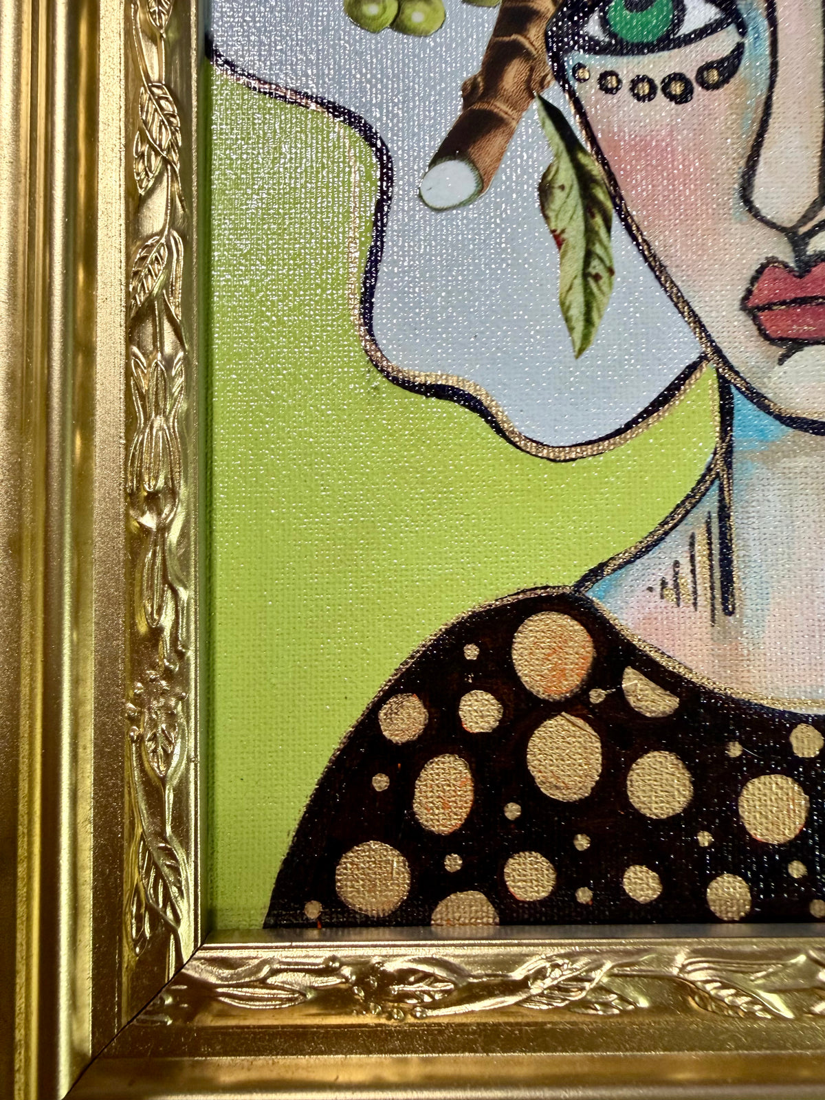 Original,signed painting-mixed media portrait on canvas board in gold frame 13x15