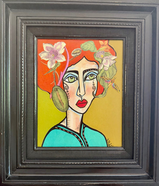 Original,signed painting-mixed media portrait on canvas board in black frame 14x16