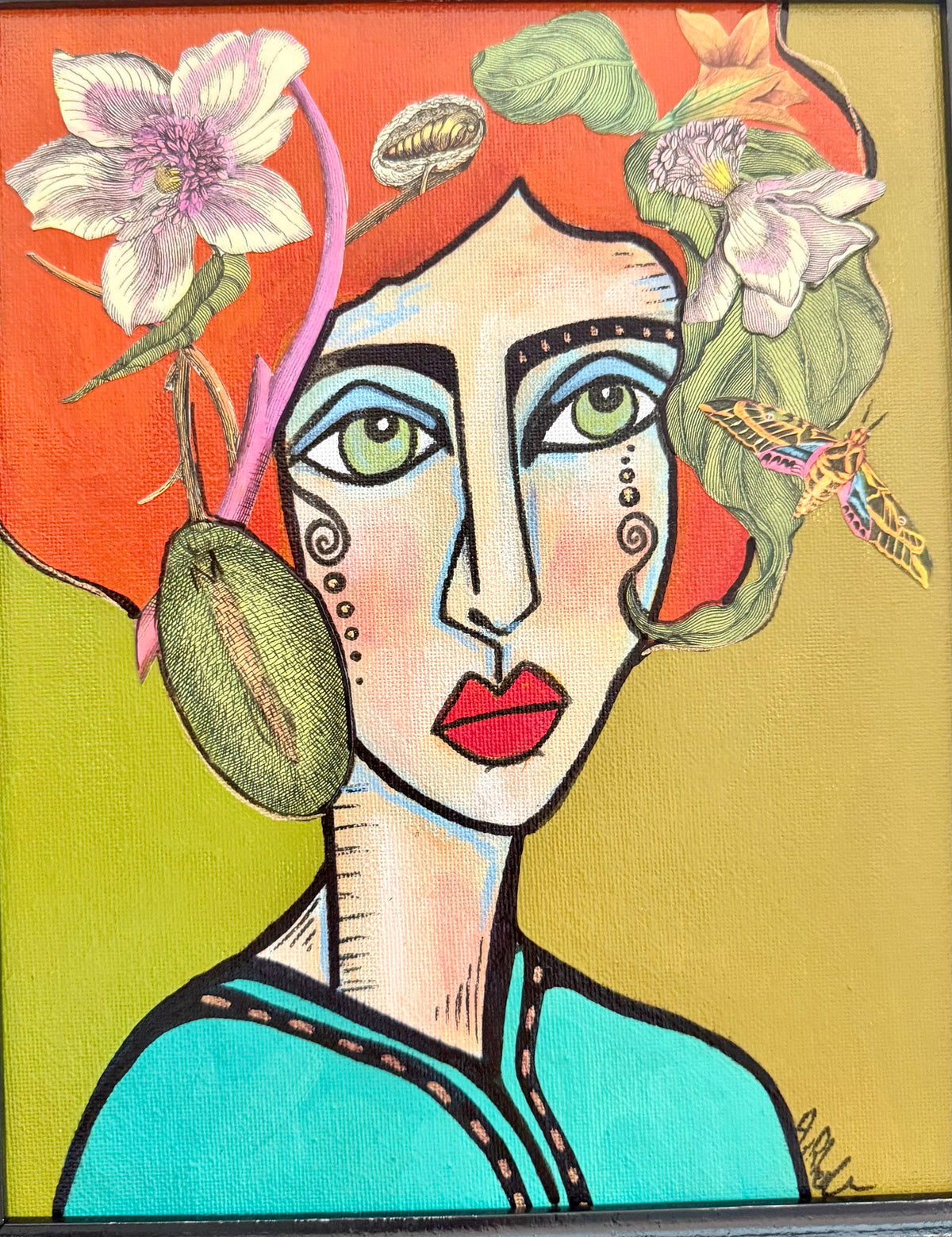 Original,signed painting-mixed media portrait on canvas board in black frame 14x16