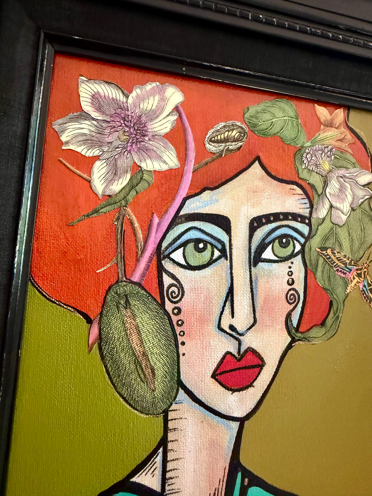 Original,signed painting-mixed media portrait on canvas board in black frame 14x16