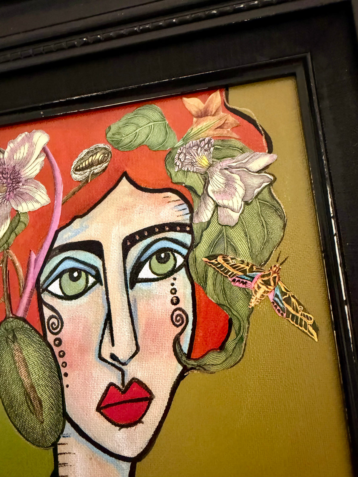 Original,signed painting-mixed media portrait on canvas board in black frame 14x16