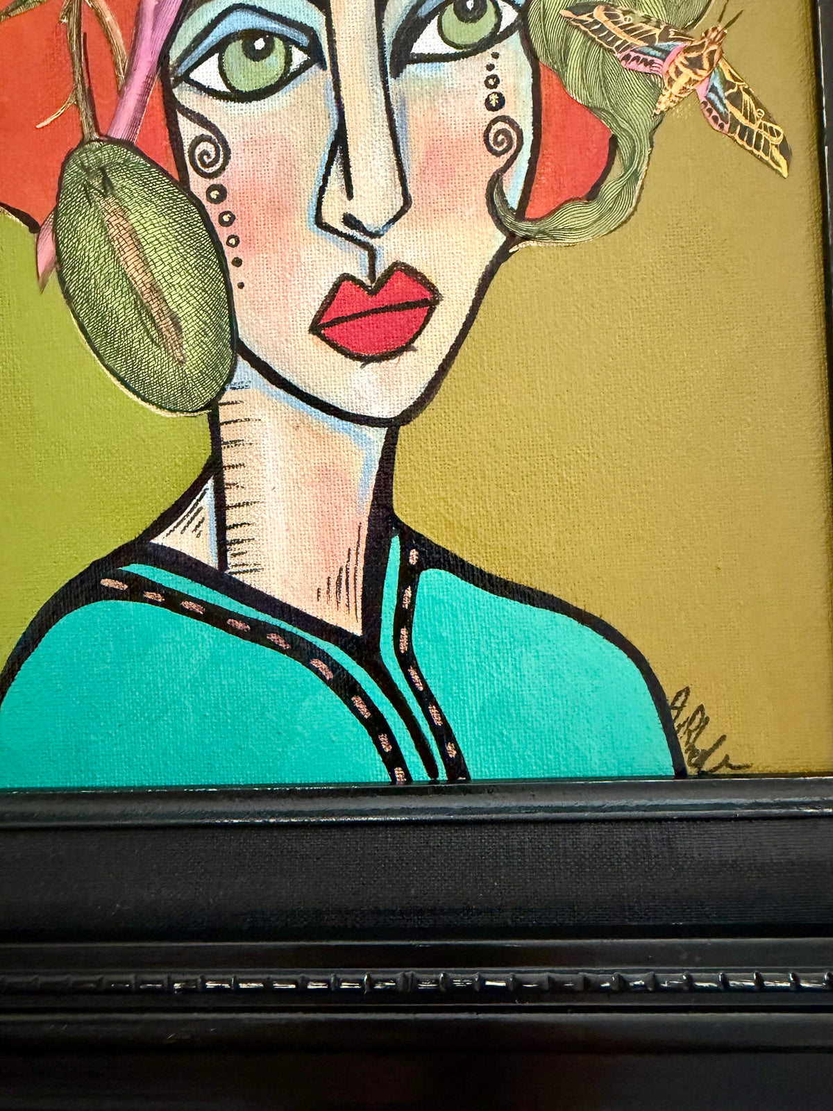 Original,signed painting-mixed media portrait on canvas board in black frame 14x16