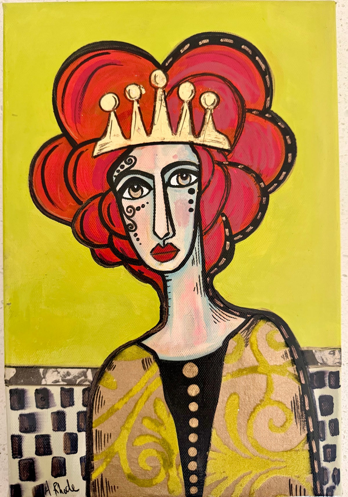 Original, signed small painting on collaged edge canvas  Abstract portrait w/mixed media 8x12”