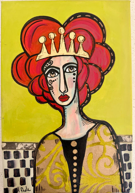 Original, signed small painting on collaged edge canvas  Abstract portrait w/mixed media 8x12”