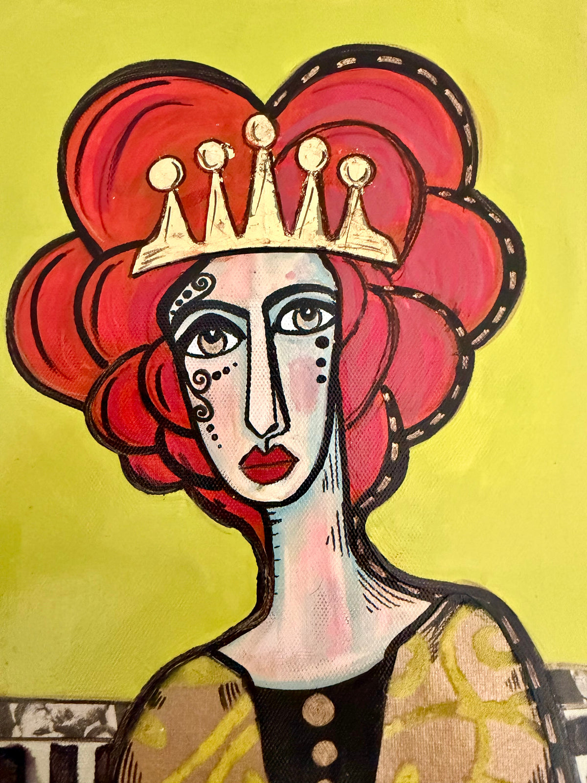 Original, signed small painting on collaged edge canvas  Abstract portrait w/mixed media 8x12”