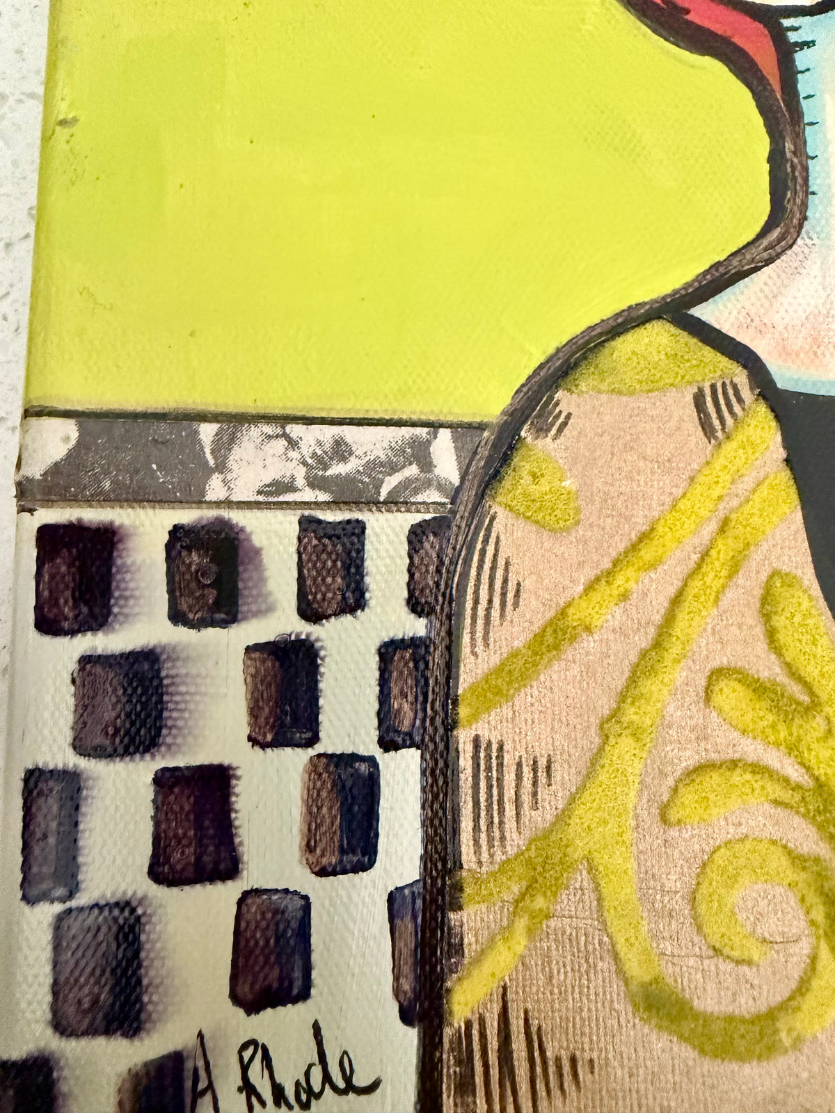 Original, signed small painting on collaged edge canvas  Abstract portrait w/mixed media 8x12”