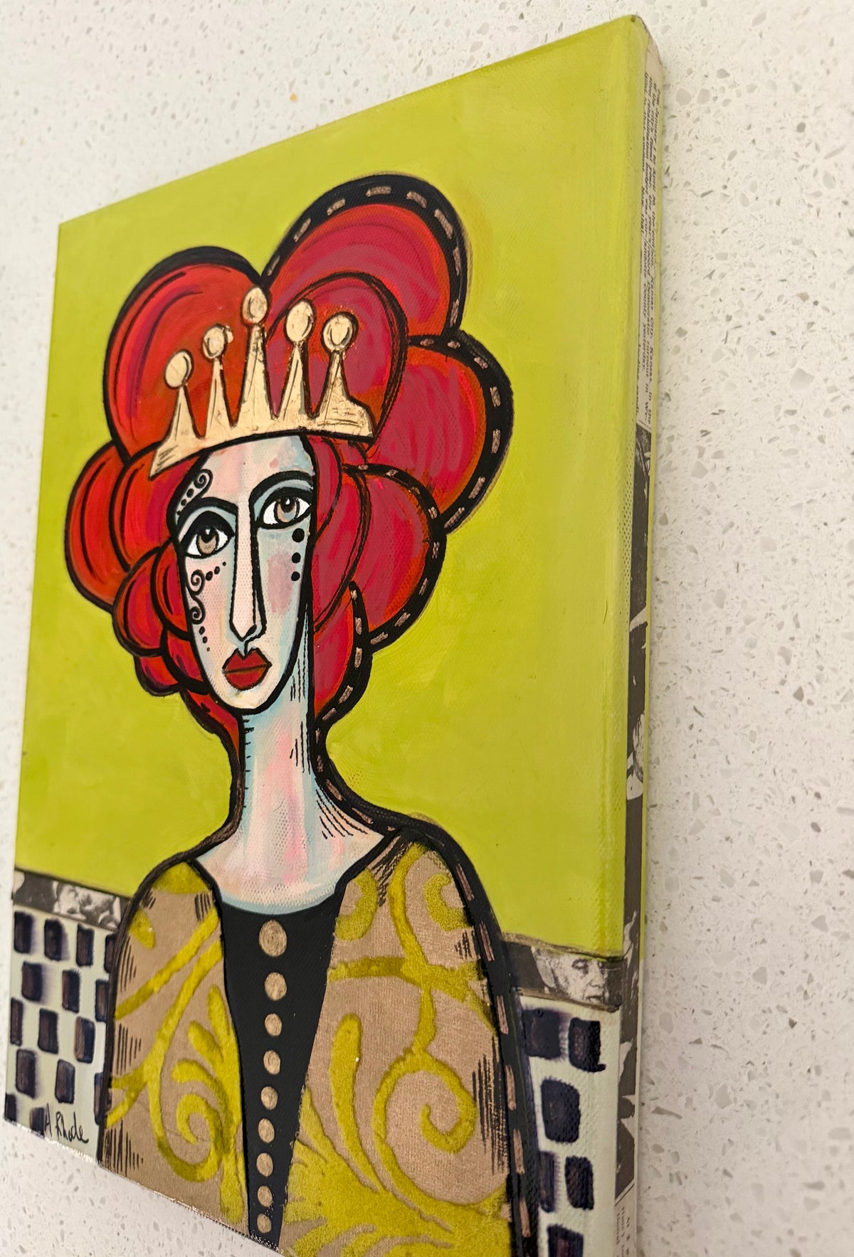 Original, signed small painting on collaged edge canvas  Abstract portrait w/mixed media 8x12”