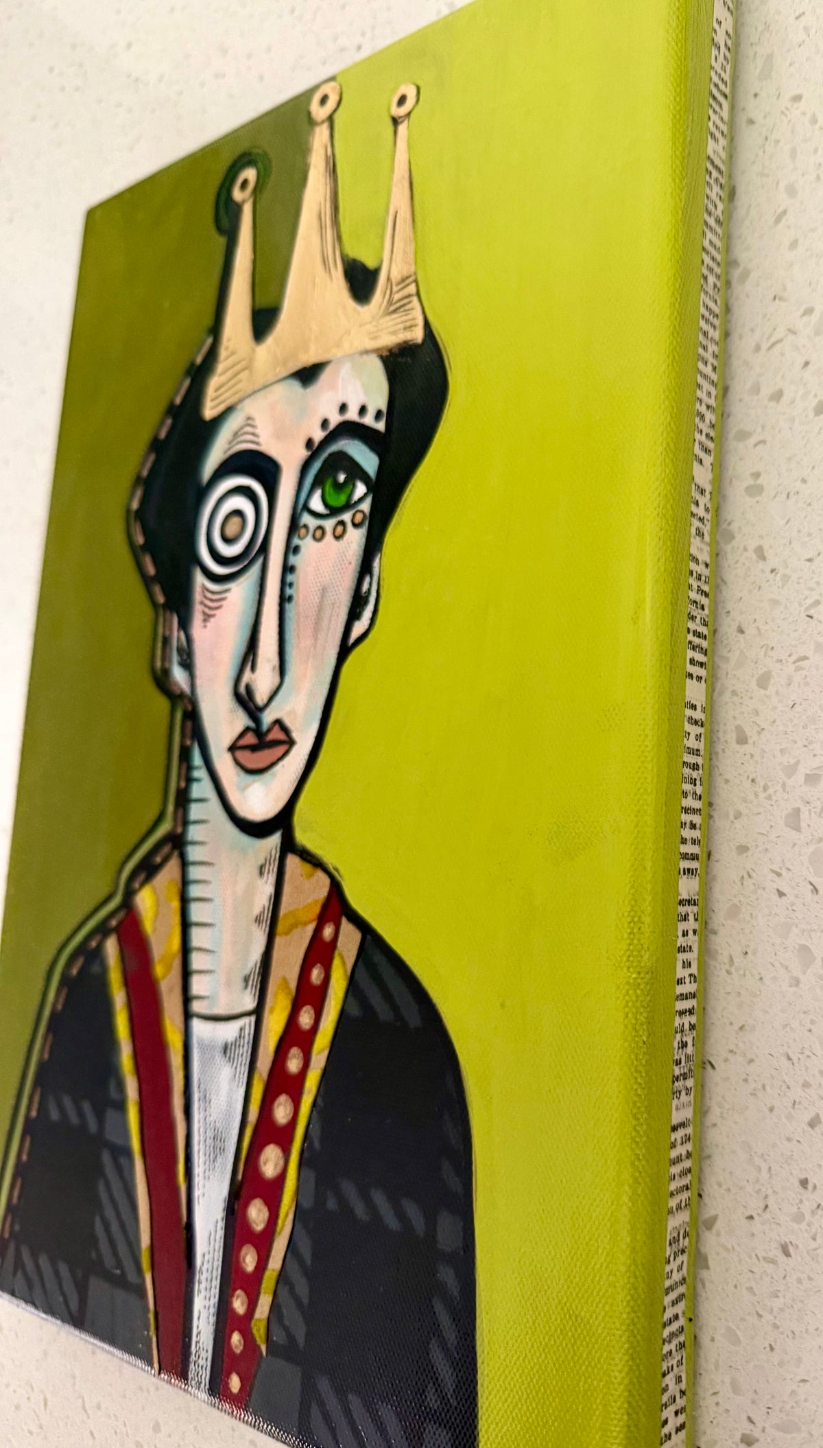 Original, signed small painting on collaged edge canvas  Abstract portrait w/mixed media 8x12”