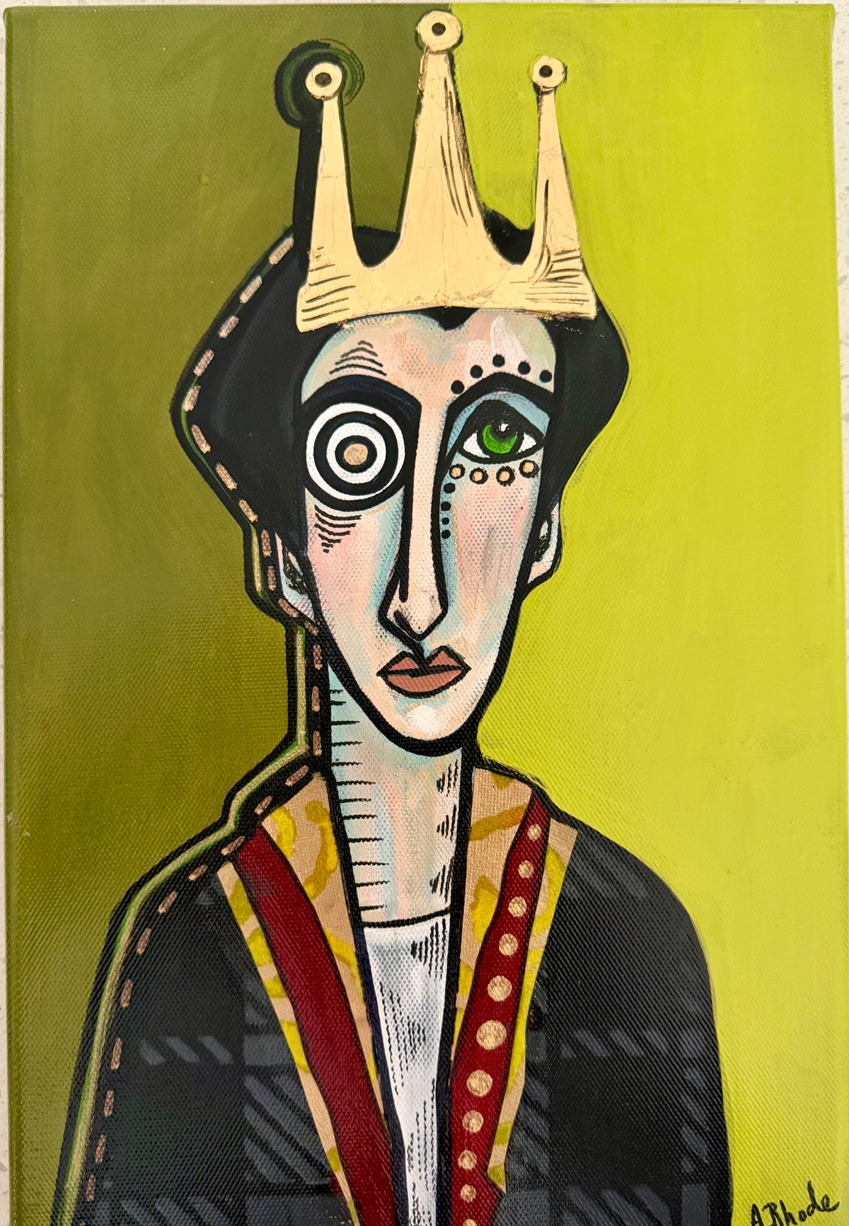 Original, signed small painting on collaged edge canvas  Abstract portrait w/mixed media 8x12”