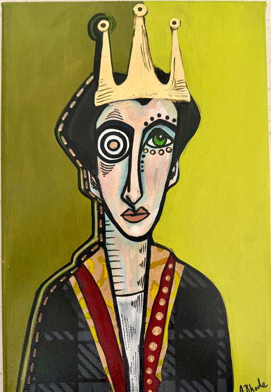 Original, signed small painting on collaged edge canvas  Abstract portrait w/mixed media 8x12”
