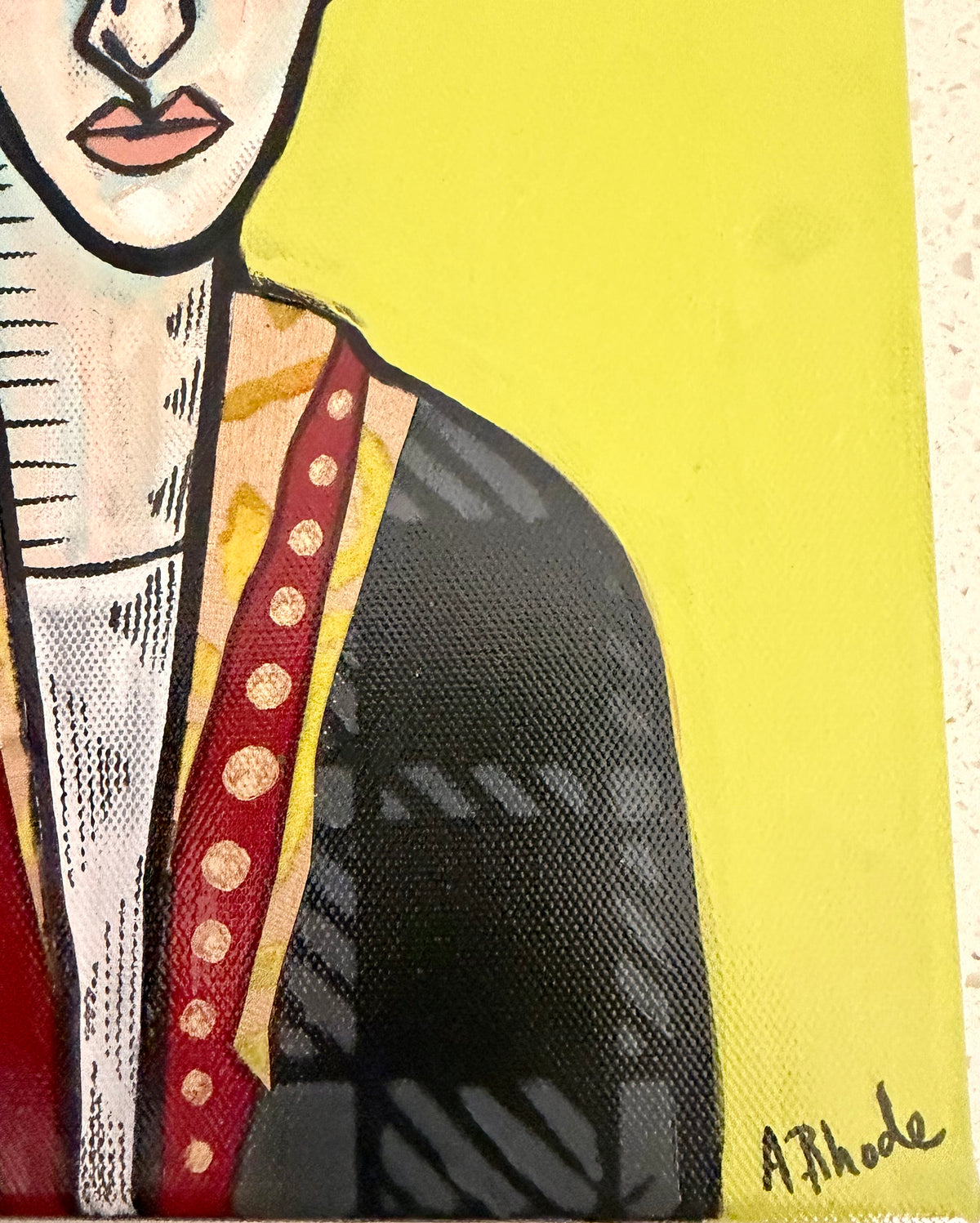 Original, signed small painting on collaged edge canvas  Abstract portrait w/mixed media 8x12”
