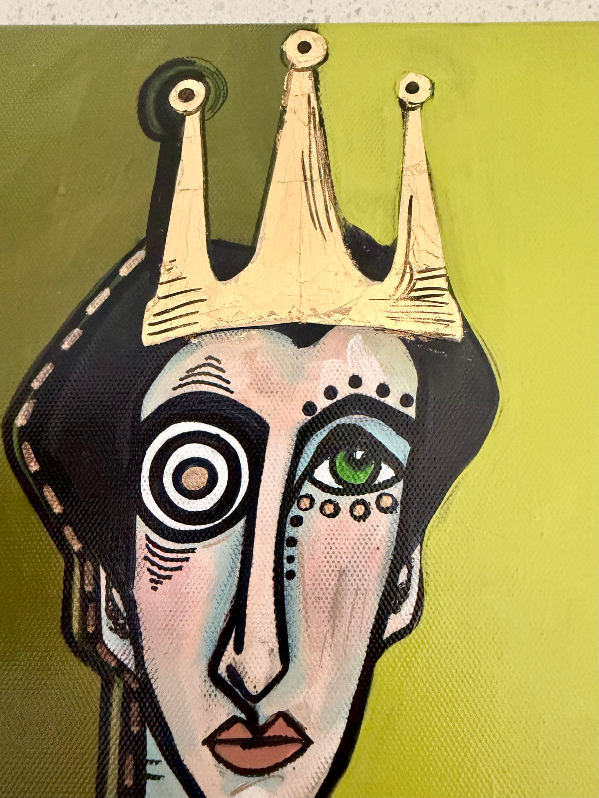 Original, signed small painting on collaged edge canvas  Abstract portrait w/mixed media 8x12”
