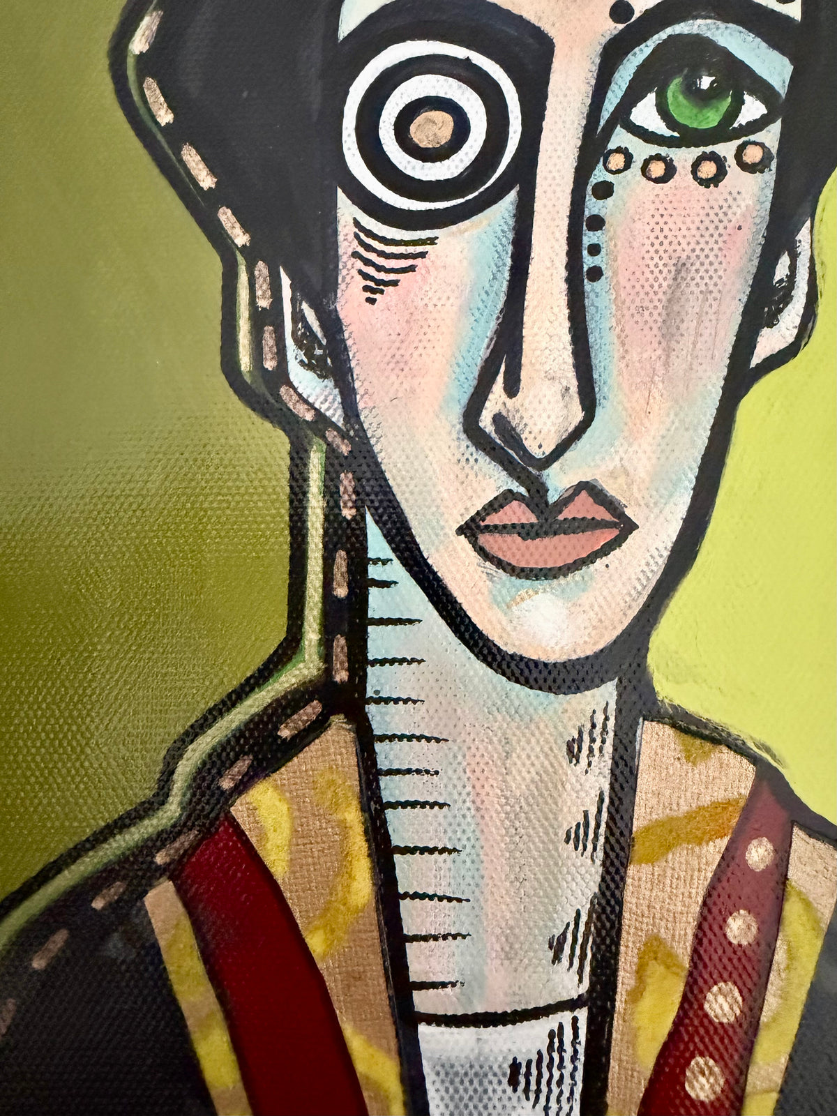Original, signed small painting on collaged edge canvas  Abstract portrait w/mixed media 8x12”