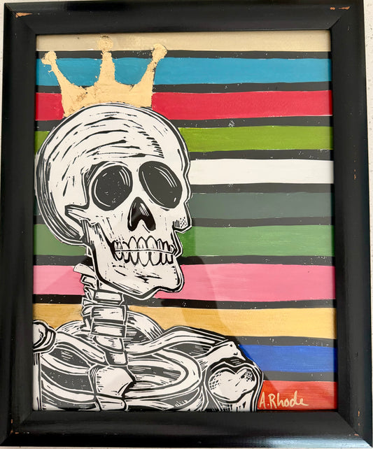 Original, hand-carved & printed linocut skelly king painted collage black frame - 13x16