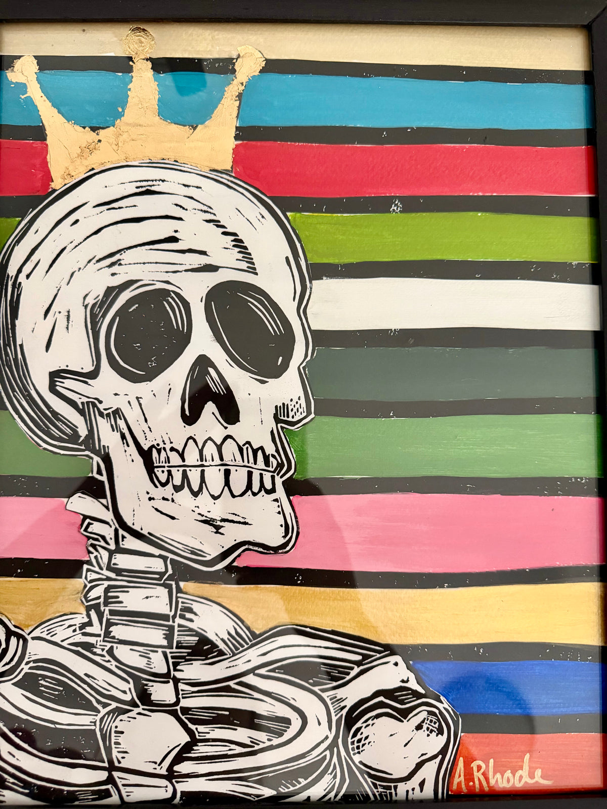 Original, hand-carved & printed linocut skelly king painted collage black frame - 13x16
