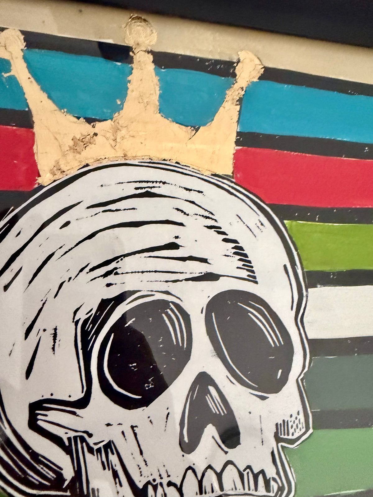 Original, hand-carved & printed linocut skelly king painted collage black frame - 13x16