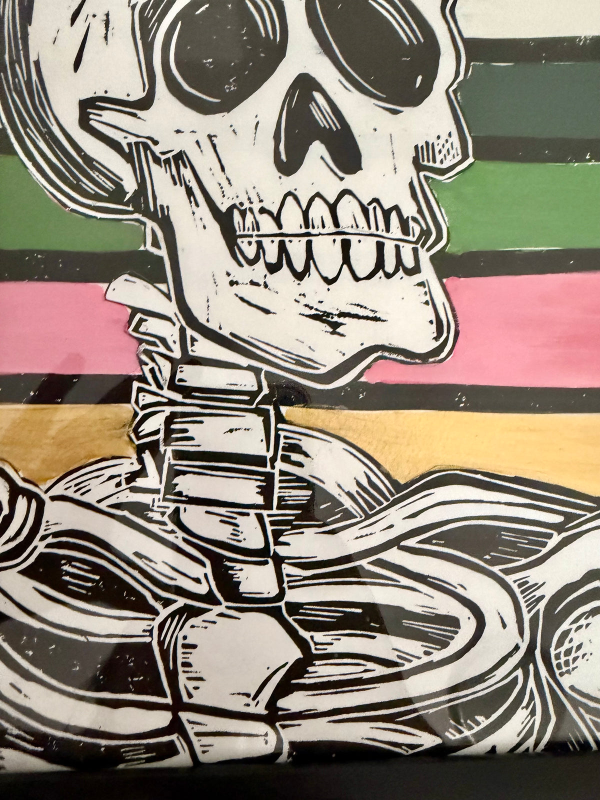 Original, hand-carved & printed linocut skelly king painted collage black frame - 13x16