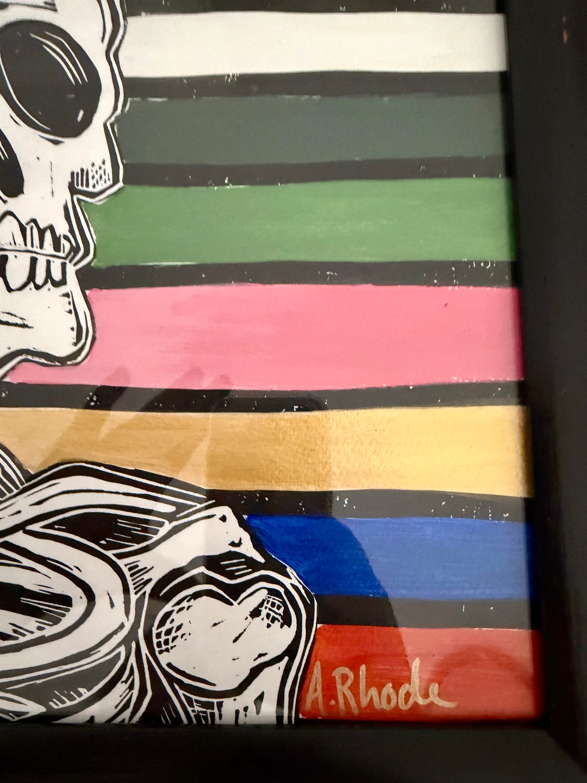 Original, hand-carved & printed linocut skelly king painted collage black frame - 13x16