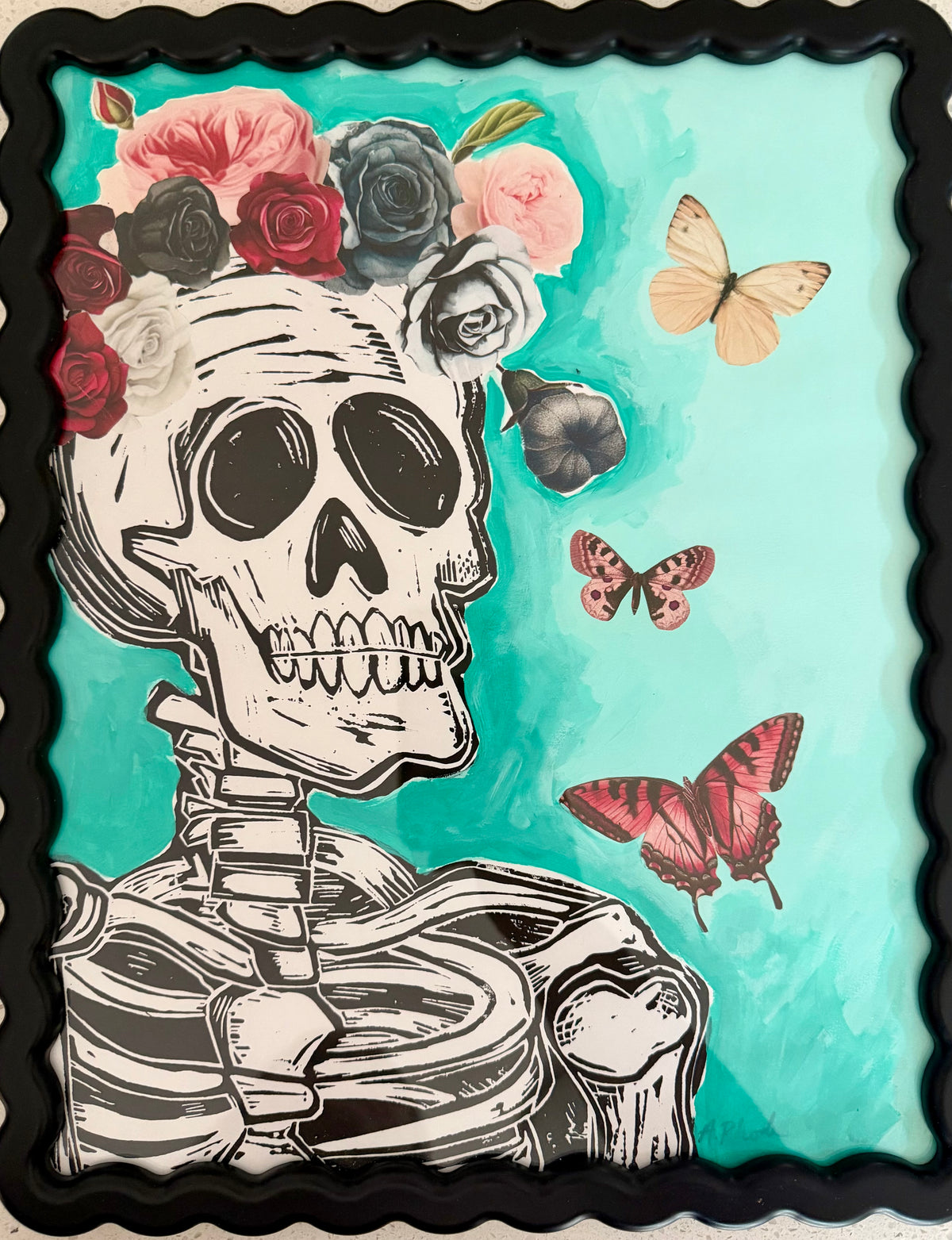 Original, hand-carved & printed linocut skelly print painting collage in wavy black frame - 12x15