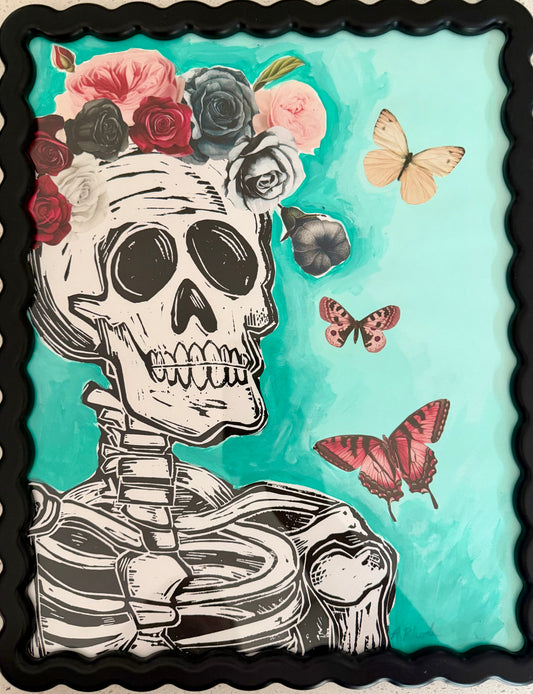 Original, hand-carved & printed linocut skelly print painting collage in wavy black frame - 12x15