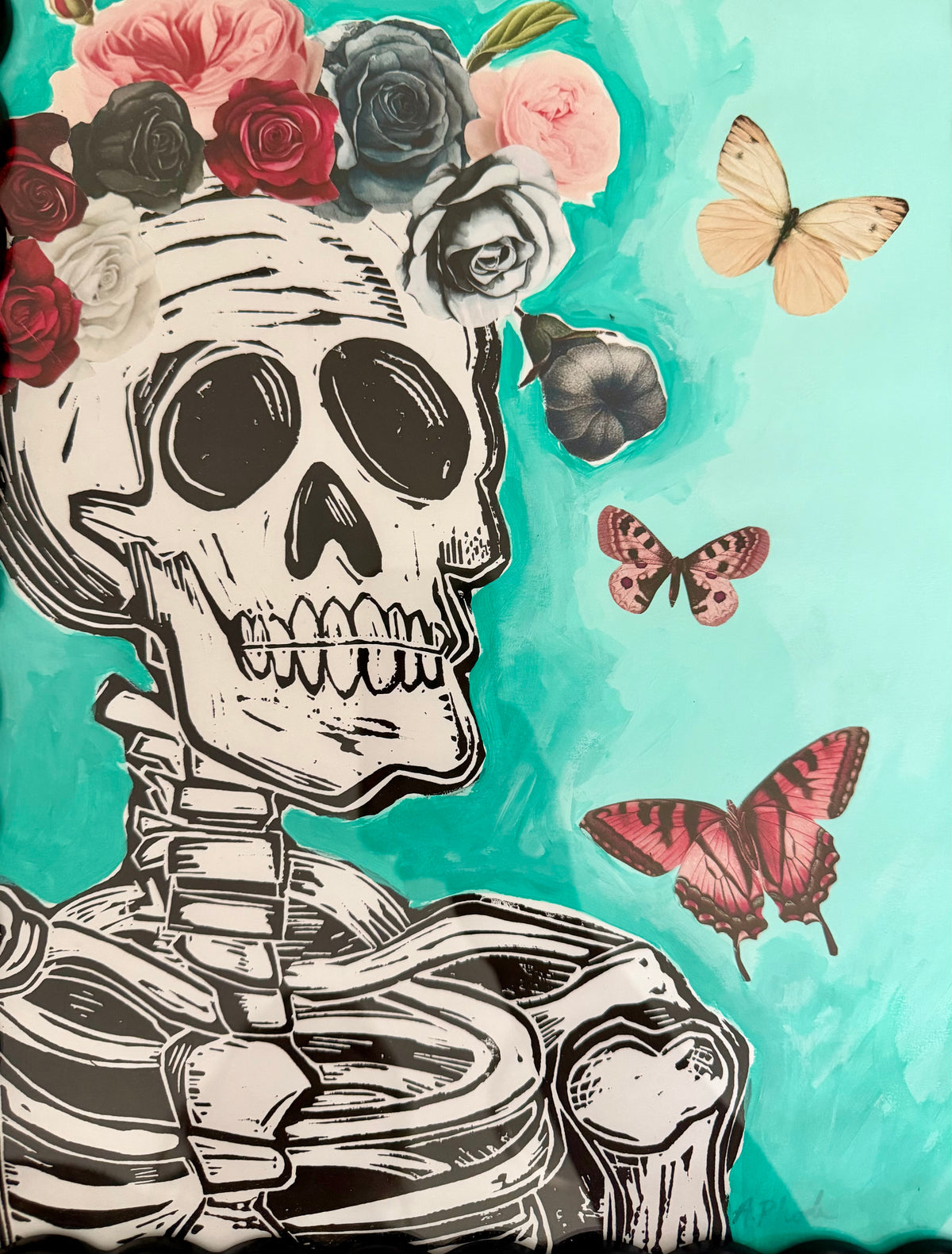 Original, hand-carved & printed linocut skelly print painting collage in wavy black frame - 12x15