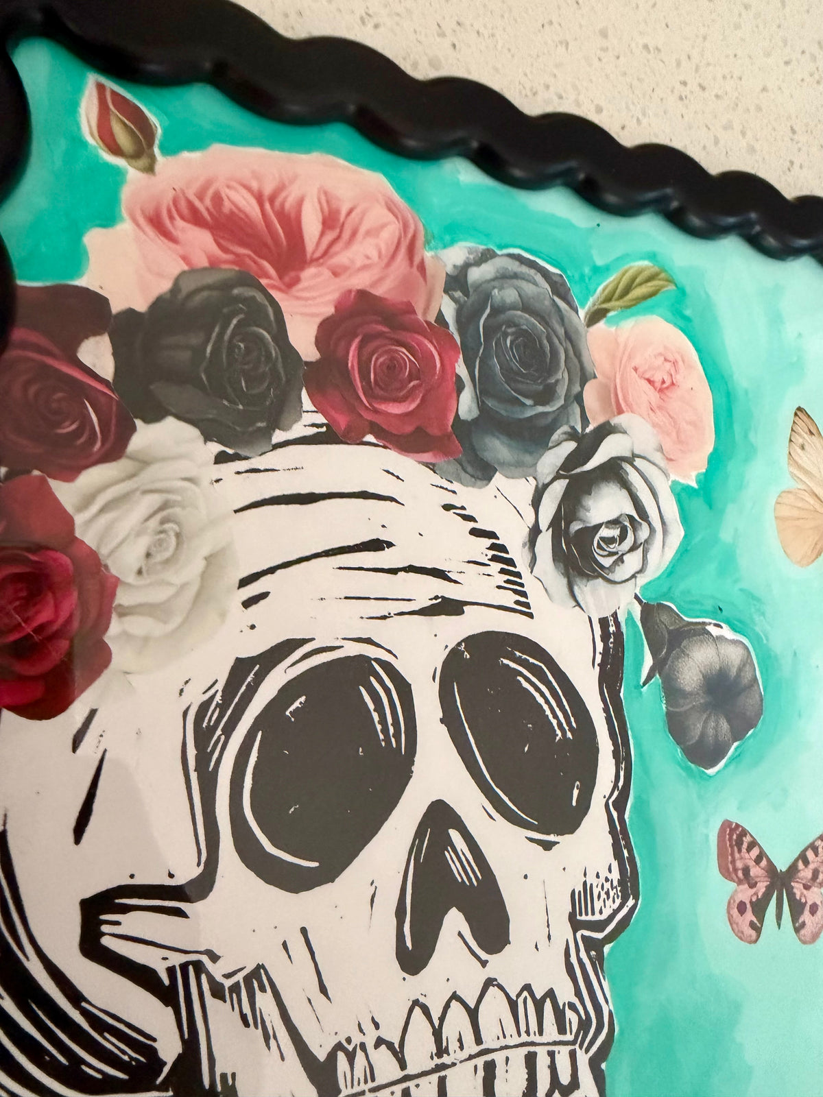 Original, hand-carved & printed linocut skelly print painting collage in wavy black frame - 12x15