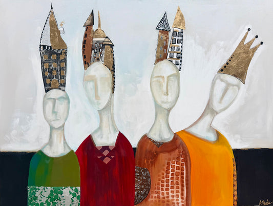 "Dispositions" Large, Original, signed painting-36x48” wide edge gallery canvas: Abstract portraits with mixed media
