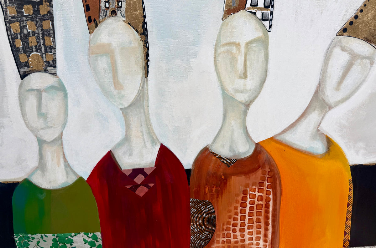 "Dispositions" Large, Original, signed painting-36x48” wide edge gallery canvas: Abstract portraits with mixed media