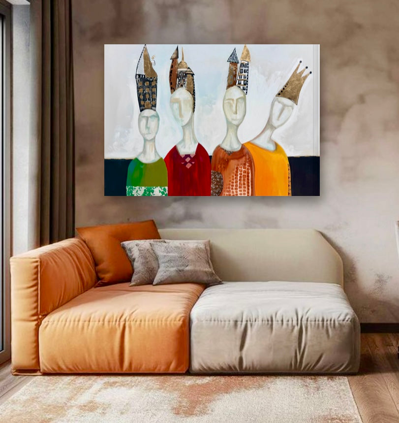 "Dispositions" Large, Original, signed painting-36x48” wide edge gallery canvas: Abstract portraits with mixed media