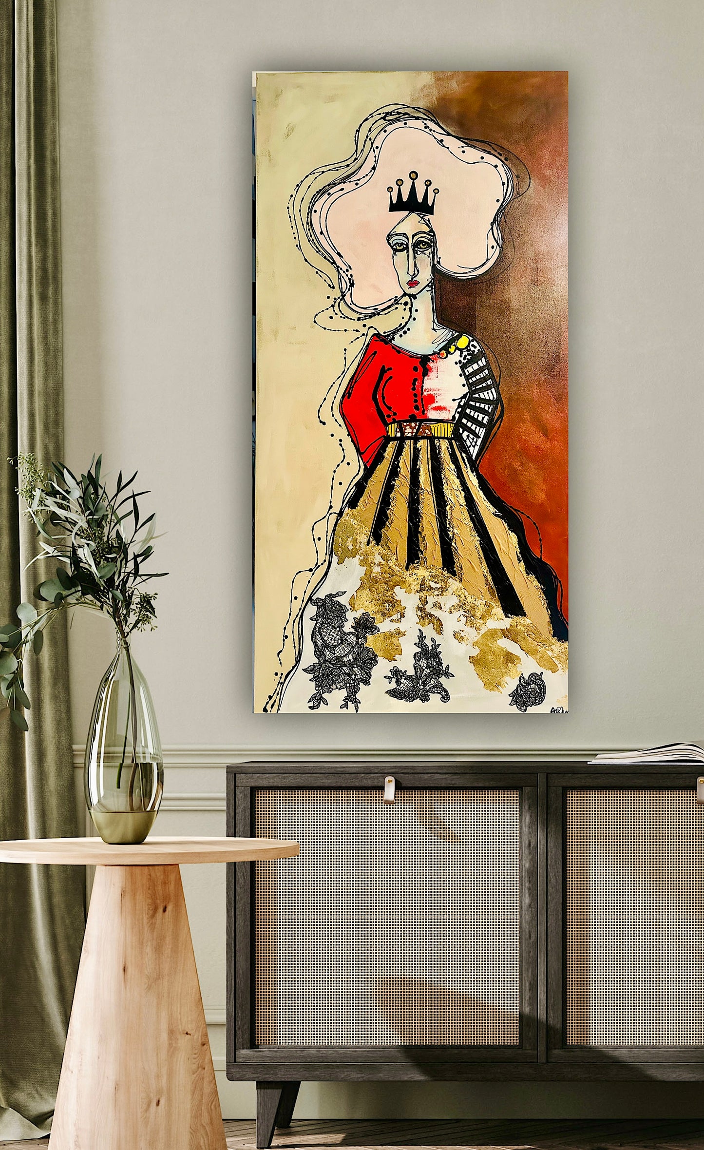 Original, signed painting-24x48”- gallery edge canvas: Abstract portrait w/ mixed media.
